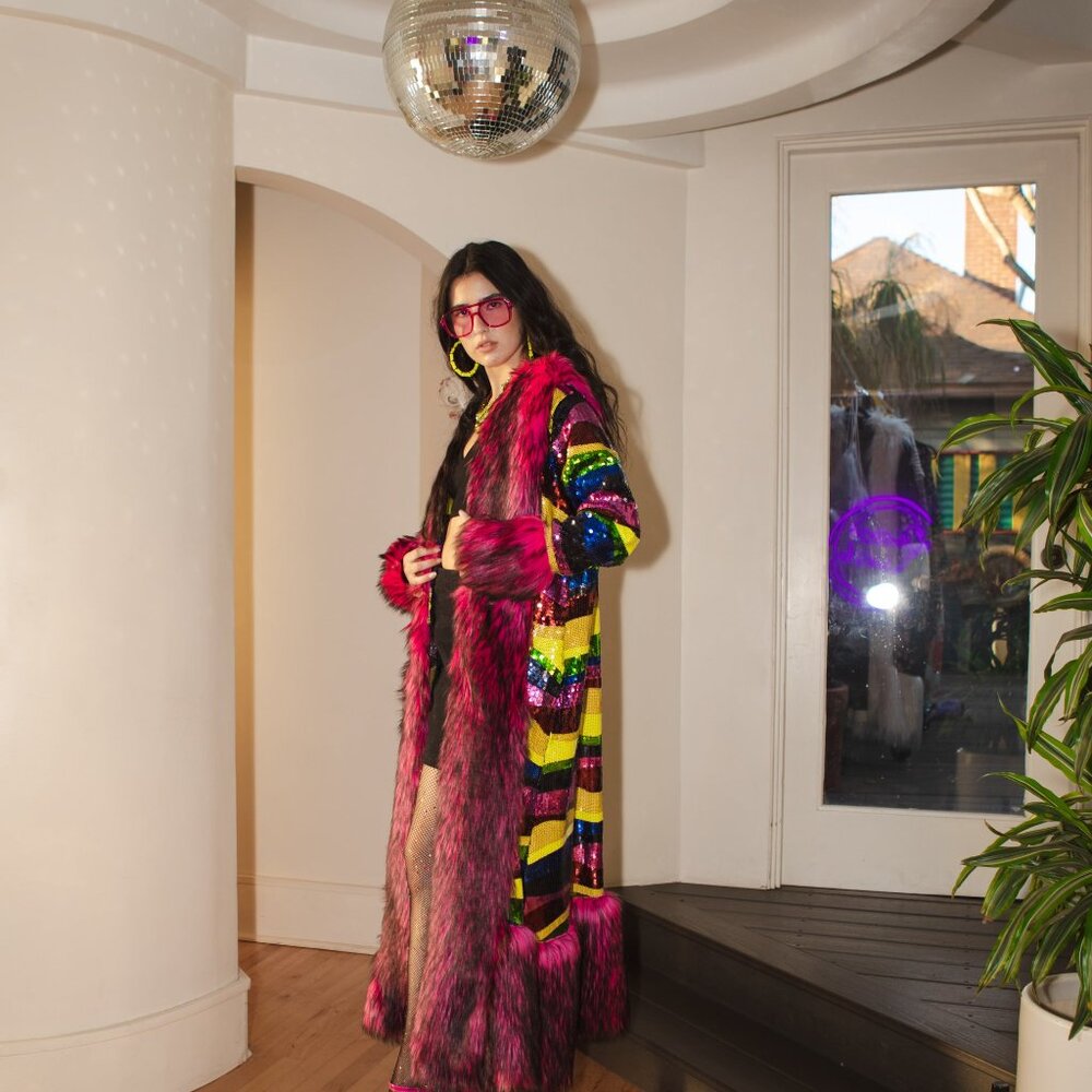 Jennafer Grace “Rainbow Road” Faux Fur & Sequin Jacket | XL | Rare Find! - Picture 7 of 15